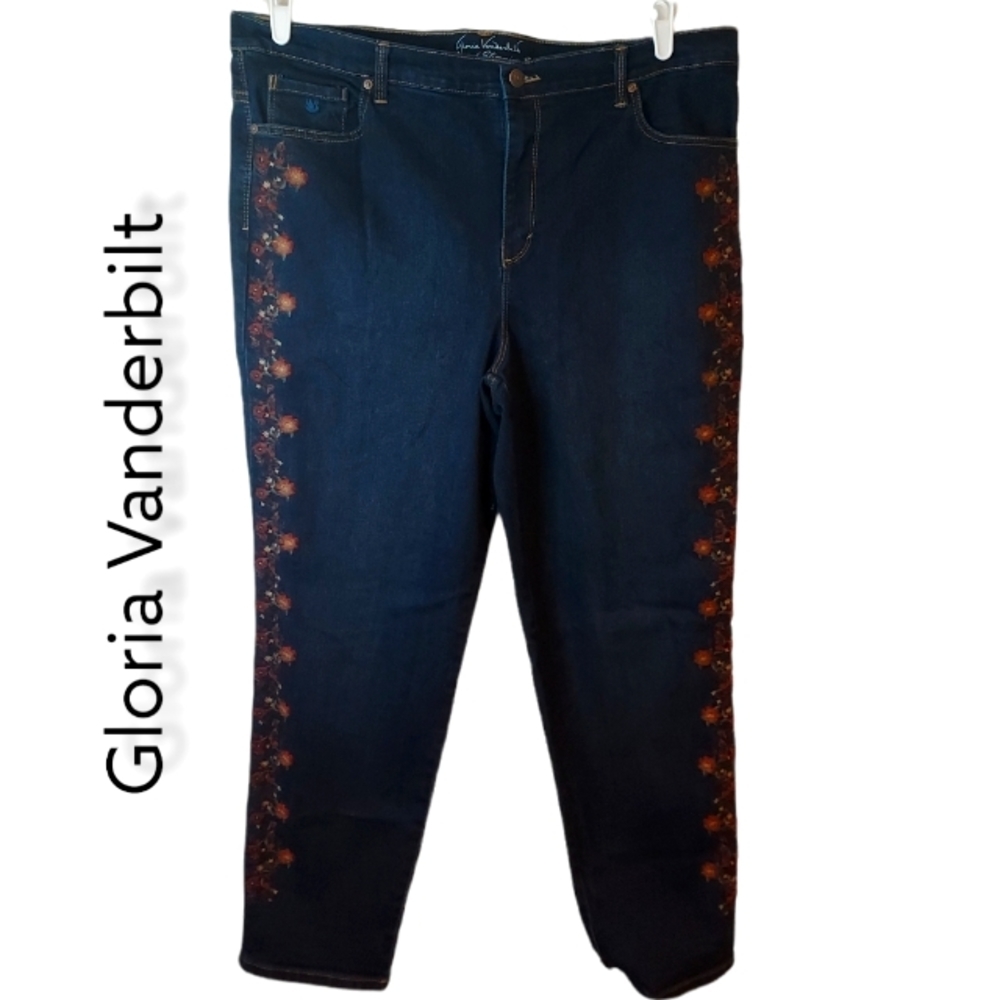 GLORIA VANDERBILT embroidered floral print straight slimming jeans sz 18W 40X27